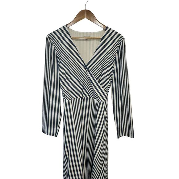Cremieux Long Sleeve Shirt Dress Navy Ivory Striped Tie Front Women's Size 14 - Picture 7 of 10